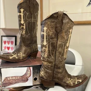 Circle G Distressed Brown Cowboy Boots with Cross Design