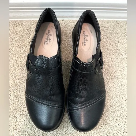 CLARK'S | Black Cheyn Fame Leather Everyday Loafer Slip On Shoes | Womens 10