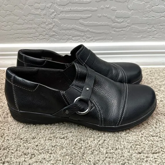 CLARK'S | Black Cheyn Fame Leather Everyday Loafer Slip On Shoes | Womens 10