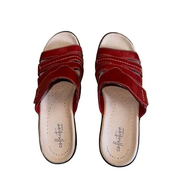 Clarks Lexi Sabrina Womens Red Leather Slides Sandals Shoes - Size 7.5
