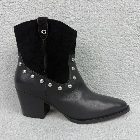 Coach Boots Women 9.5 Shoes Black Pauline Leather Suede Ankle Booties Heel Biker