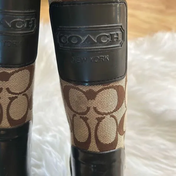 Coach Womens Brown Beige Logo Lace-Up Round Toe Rain Boots Size 6B