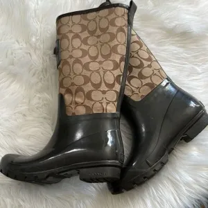 Coach Womens Brown Beige Logo Lace-Up Round Toe Rain Boots Size 6B