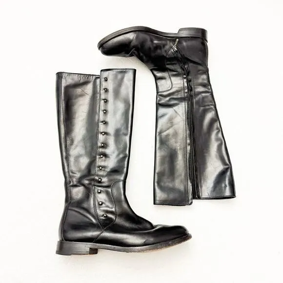Cole Haan Black Leather Zip Up Riding Biker Boots Riveted Knee High Size 7 EUC