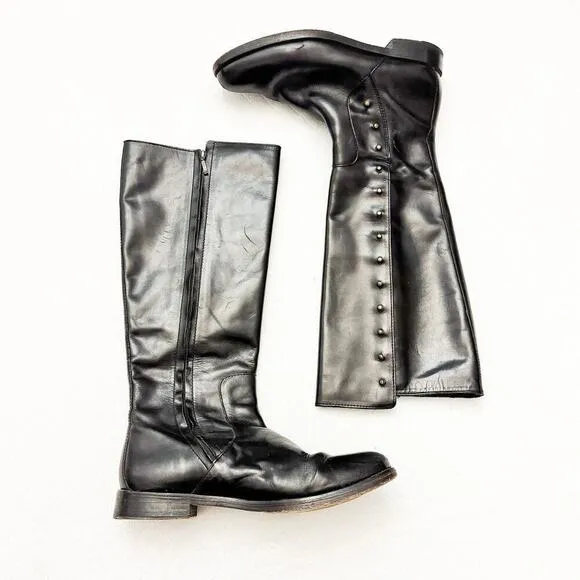 Cole Haan Black Leather Zip Up Riding Biker Boots Riveted Knee High Size 7 EUC