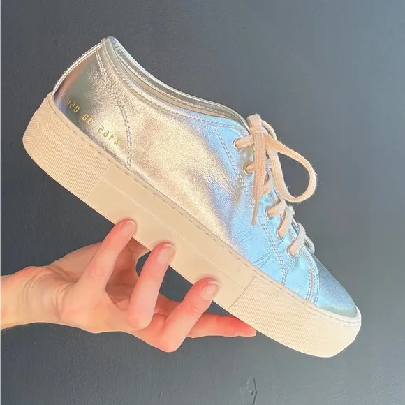 Common Projects Silver Platform Sneakers with Metallic Finish