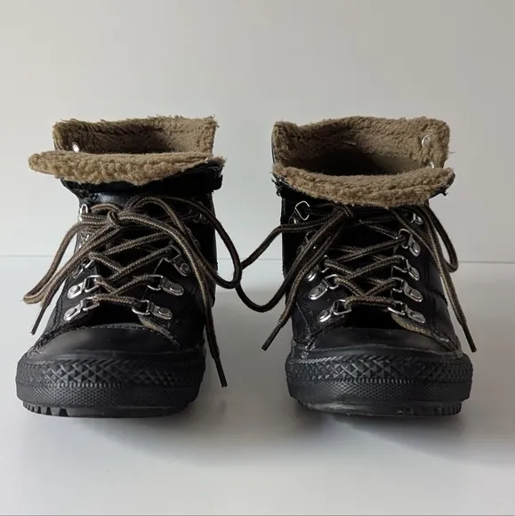 Converse Black Leather Fur-Lined High Top Sneakers Youth 5
