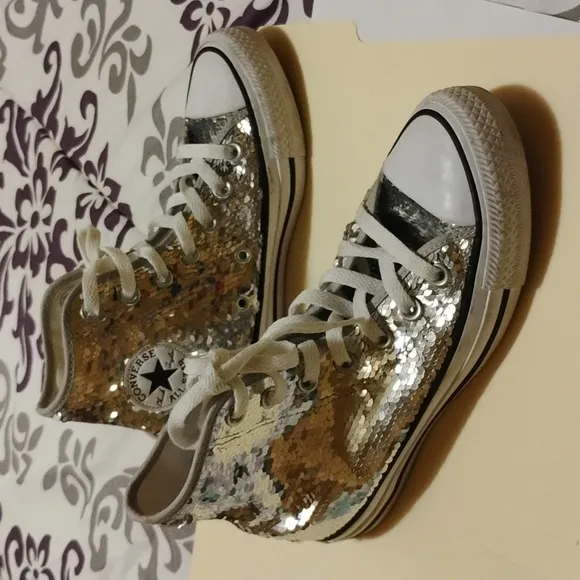 Converse Chuck Taylor Silver Sequin High-Top Sneakers Big Girl Size 5