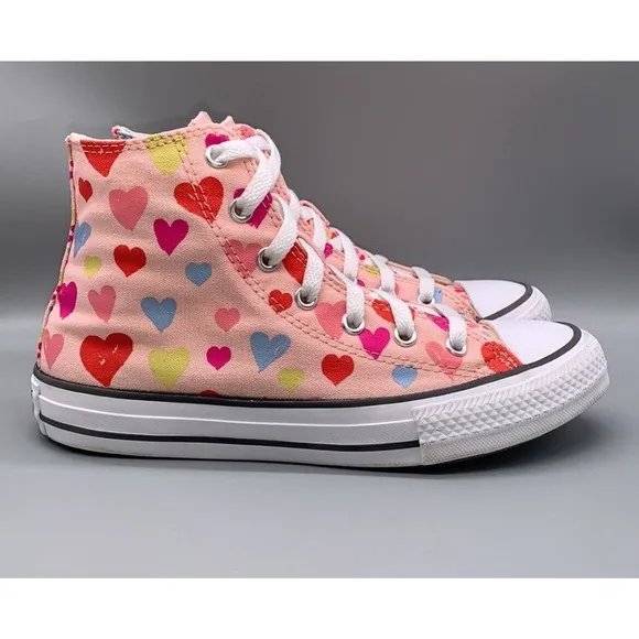 Converse Hearts Pink Chuck Taylor Junior High Top Sneakers Girls 6 New Fast Ship