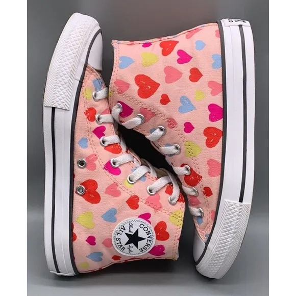 Converse Hearts Pink Chuck Taylor Junior High Top Sneakers Girls 6 New Fast Ship