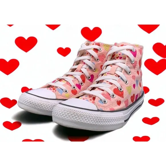 Converse Hearts Pink Chuck Taylor Junior High Top Sneakers Girls 6 New Fast Ship