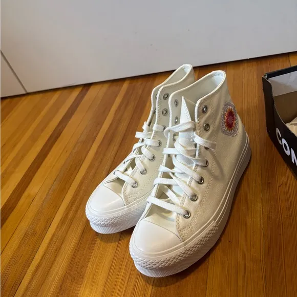 Converse Kids White High-Top Sneakers with Floral Patch