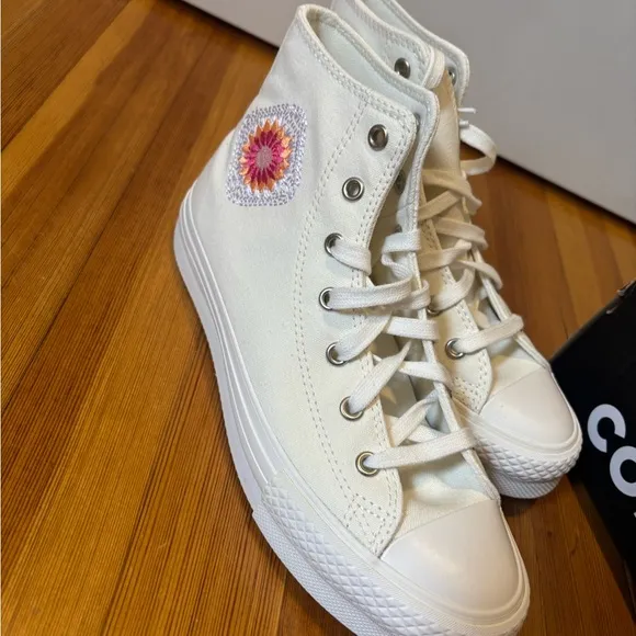 Converse Kids White High-Top Sneakers with Floral Patch