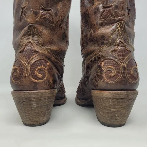Corral Boots 6.5 Brown Lizard Leather Inlay Snip Toe Cowgirl Western Rodeo C2109