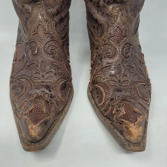Corral Boots 6.5 Brown Lizard Leather Inlay Snip Toe Cowgirl Western Rodeo C2109