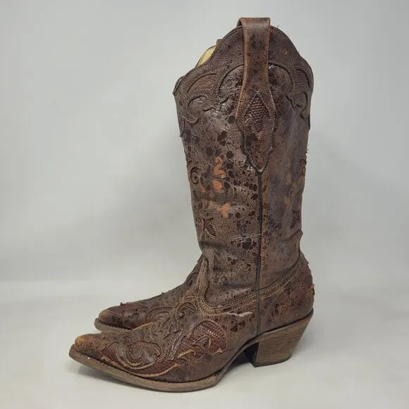 Corral Boots 6.5 Brown Lizard Leather Inlay Snip Toe Cowgirl Western Rodeo C2109