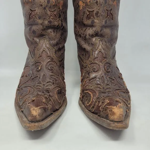 Corral Boots 6.5 Brown Lizard Leather Inlay Snip Toe Cowgirl Western Rodeo C2109