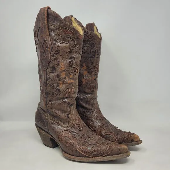 Corral Boots 6.5 Brown Lizard Leather Inlay Snip Toe Cowgirl Western Rodeo C2109