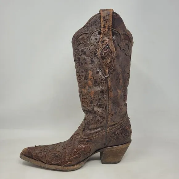 Corral Boots 6.5 Brown Lizard Leather Inlay Snip Toe Cowgirl Western Rodeo C2109