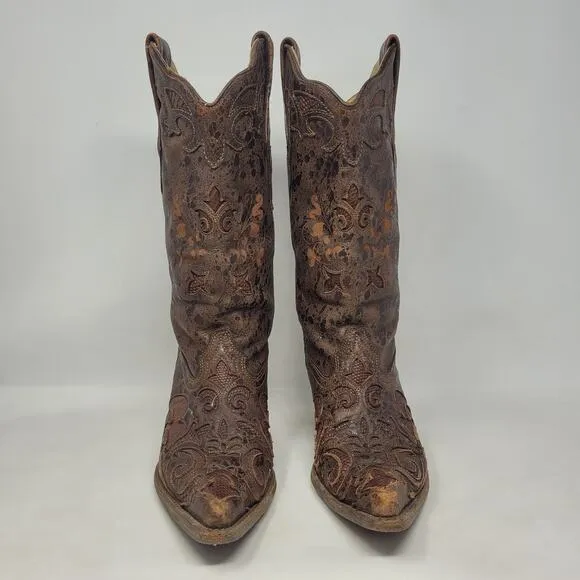 Corral Boots 6.5 Brown Lizard Leather Inlay Snip Toe Cowgirl Western Rodeo C2109