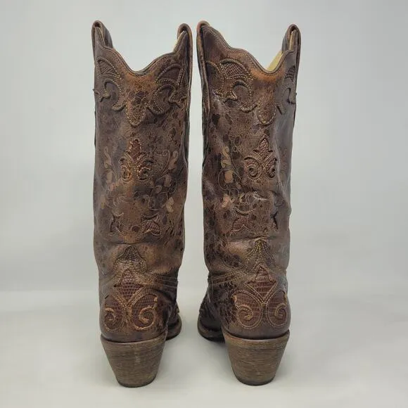 Corral Boots 6.5 Brown Lizard Leather Inlay Snip Toe Cowgirl Western Rodeo C2109