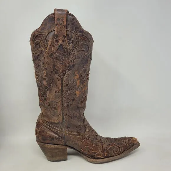 Corral Boots 6.5 Brown Lizard Leather Inlay Snip Toe Cowgirl Western Rodeo C2109