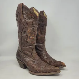 Corral Boots 6.5 Brown Lizard Leather Inlay Snip Toe Cowgirl Western Rodeo C2109