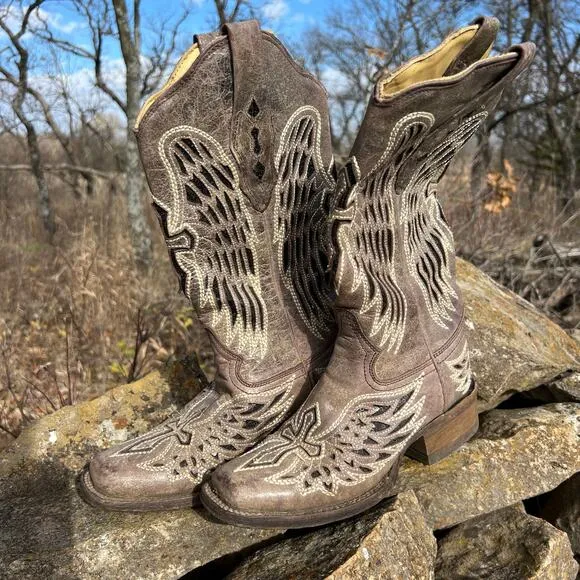 Corral Boots Cross Angel Wings Black Glitter Inlay Square Toe Cowgirl A1197 5M