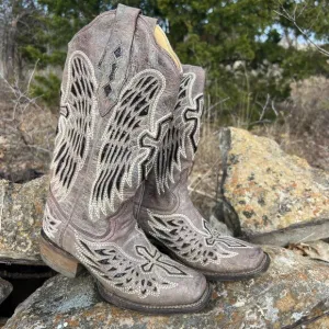 Corral Boots Cross Angel Wings Black Glitter Inlay Square Toe Cowgirl A1197 5M