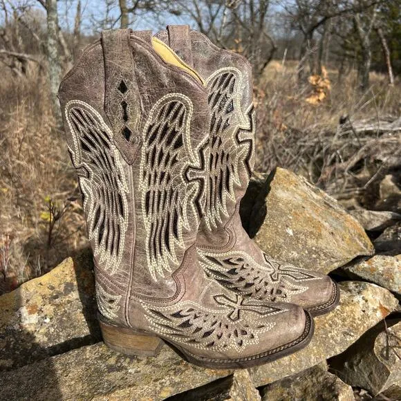 Corral Boots Cross Angel Wings Black Glitter Inlay Square Toe Cowgirl A1197 5M