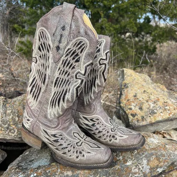 Corral Boots Cross Angel Wings Black Glitter Inlay Square Toe Cowgirl A1197 5M