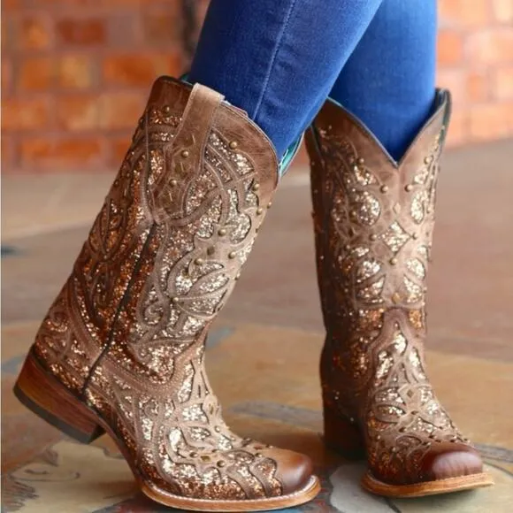 Corral Orix Glitter   Studs Brown Leather Western Cowboy Boots