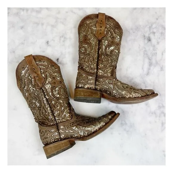 Corral Orix Glitter   Studs Brown Leather Western Cowboy Boots