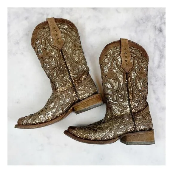 Corral Orix Glitter   Studs Brown Leather Western Cowboy Boots