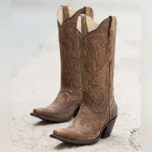 Corral Studded‎ Embroidered Brown Western Snip Toe Leather Cowboy Boots 6.5