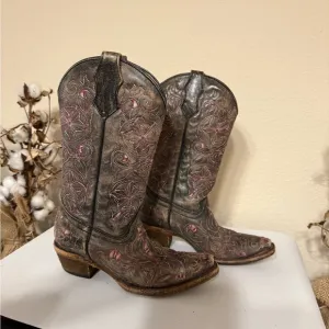 Corral Teen Girls Cowboy Boots SZ 2 T Embroidered Western Snip Toe Brown Boot