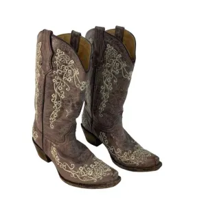 Corral Teens Boots Brown Embroidered Western Girls Size 3.5 Preowned