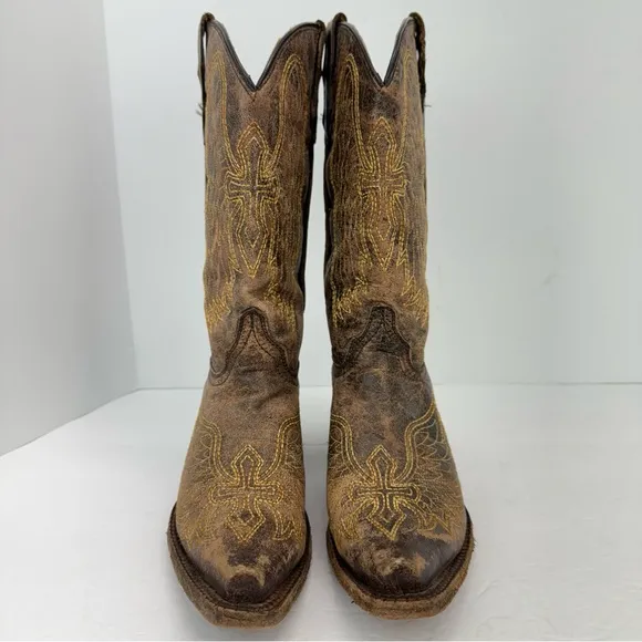 Corral Teens Sz 5 Brown Distressed Leather Embroidered Cross Wing Western Boots