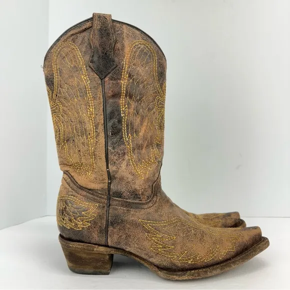 Corral Teens Sz 5 Brown Distressed Leather Embroidered Cross Wing Western Boots
