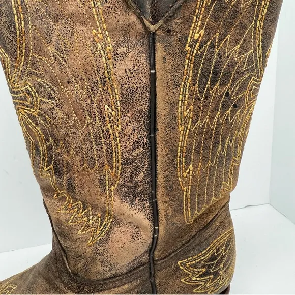 Corral Teens Sz 5 Brown Distressed Leather Embroidered Cross Wing Western Boots