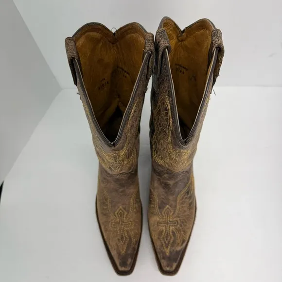 Corral Teens Sz 5 Brown Distressed Leather Embroidered Cross Wing Western Boots
