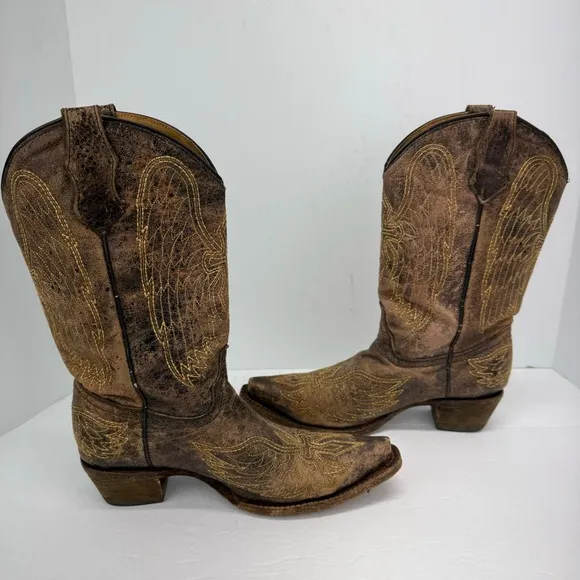 Corral Teens Sz 5 Brown Distressed Leather Embroidered Cross Wing Western Boots