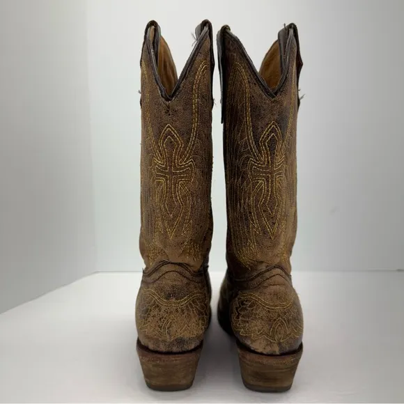 Corral Teens Sz 5 Brown Distressed Leather Embroidered Cross Wing Western Boots
