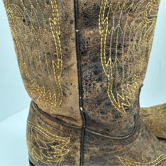 Corral Teens Sz 5 Brown Distressed Leather Embroidered Cross Wing Western Boots