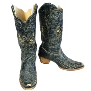 Corral Western Genuine Black Leather  Overlay X Toe C1198 Boots Size 8.5
