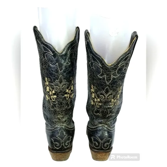 Corral Western Genuine Black Leather  Overlay X Toe C1198 Boots Size 8.5