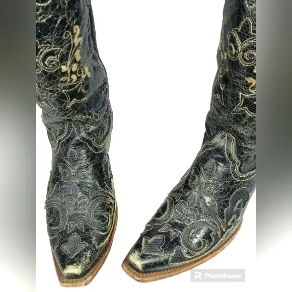 Corral Western Genuine Black Leather  Overlay X Toe C1198 Boots Size 8.5