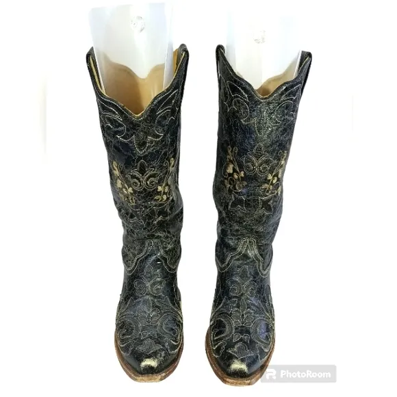 Corral Western Genuine Black Leather  Overlay X Toe C1198 Boots Size 8.5