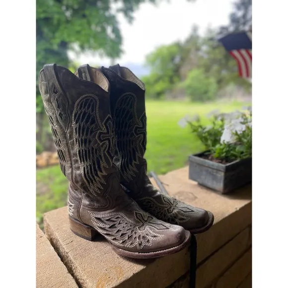 CORRAL WOMEN'S SEQUIN WING &amp; CROSS INLAY WESTERN BOOTS - SQUARE TOE Size|8