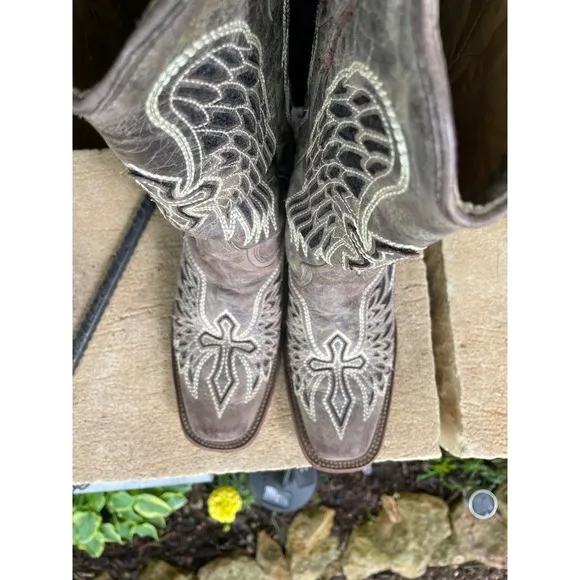 CORRAL WOMEN'S SEQUIN WING &amp; CROSS INLAY WESTERN BOOTS - SQUARE TOE Size|8